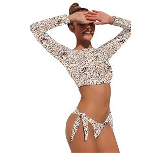 🆕👙Woman Edgy Leopard Print Long Sleeved Swimwear Two Pieces Set